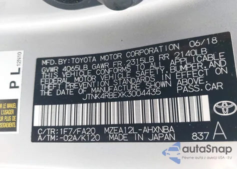 2019 Toyota Corolla Se from USA, damaged, VIN JTNK4RBEXK3004435